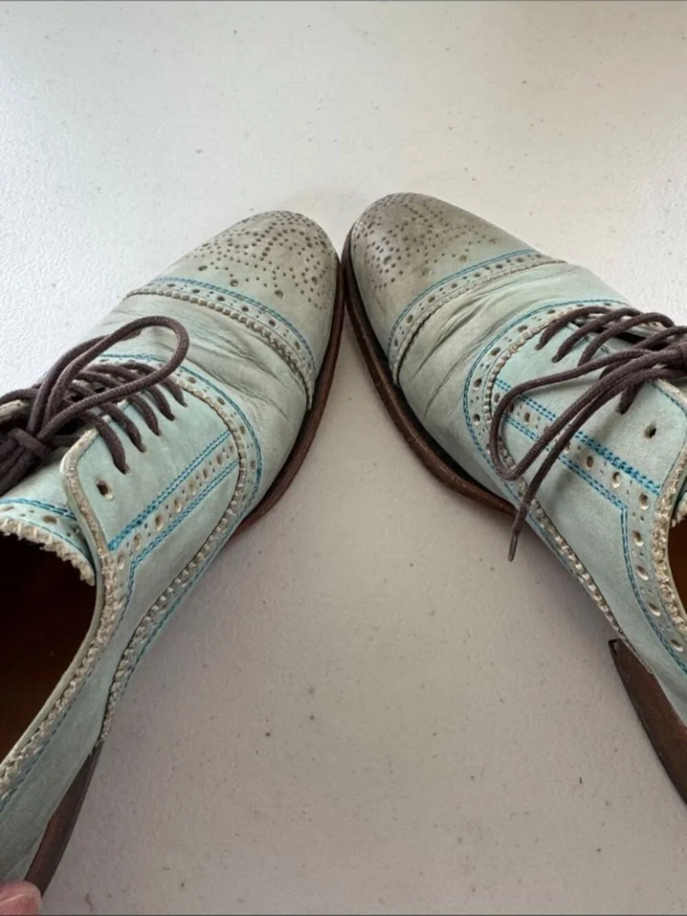John Fluevog Gateway Oxfords Mint Blue Leather Brogue Shoes Sz M 4.5 Art Chic
